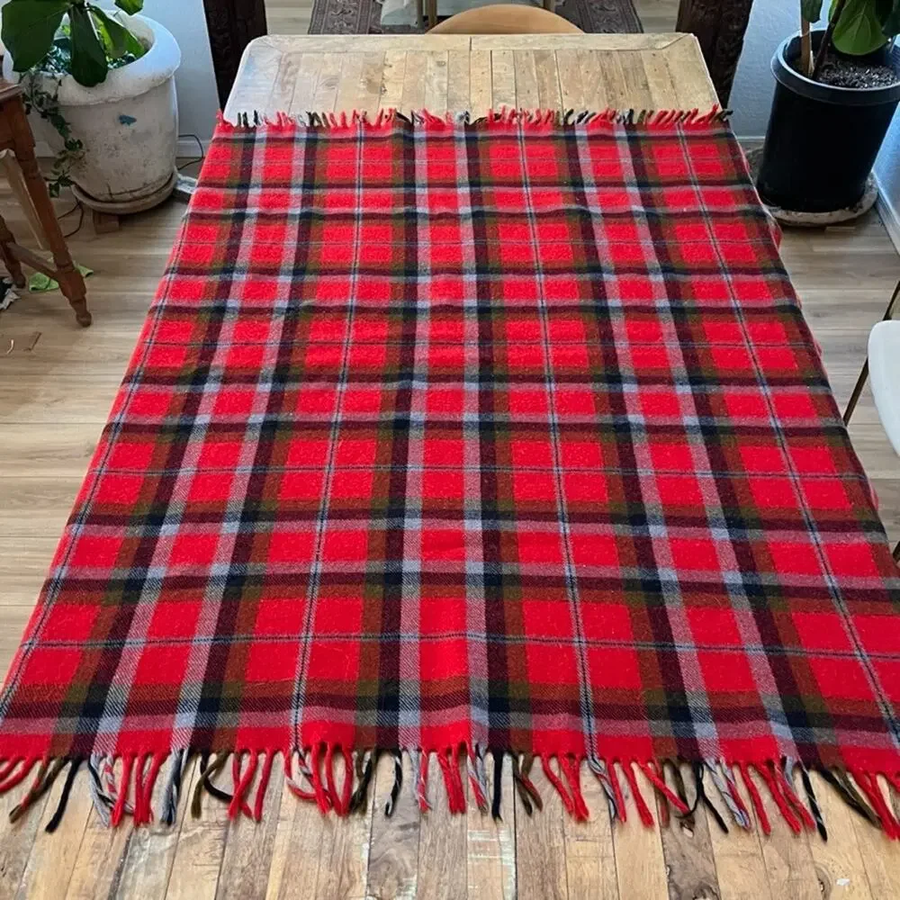 Vintage Red Tartan Plaid Fringed Wool Throw Blanket 49 x 55 in